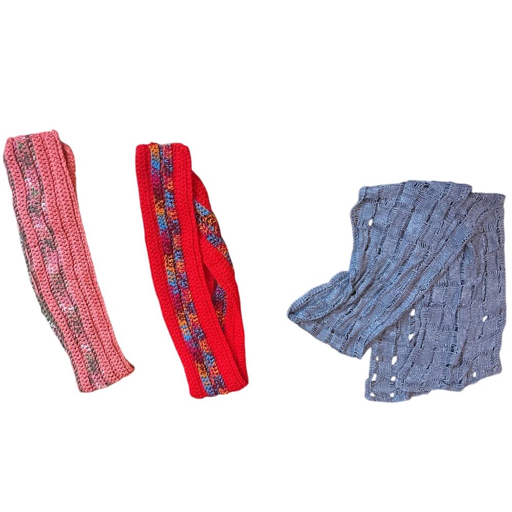 Lot of 3 Scarves (2) are handmade crochet, (1) is basket weave knit‎ EUC Winter